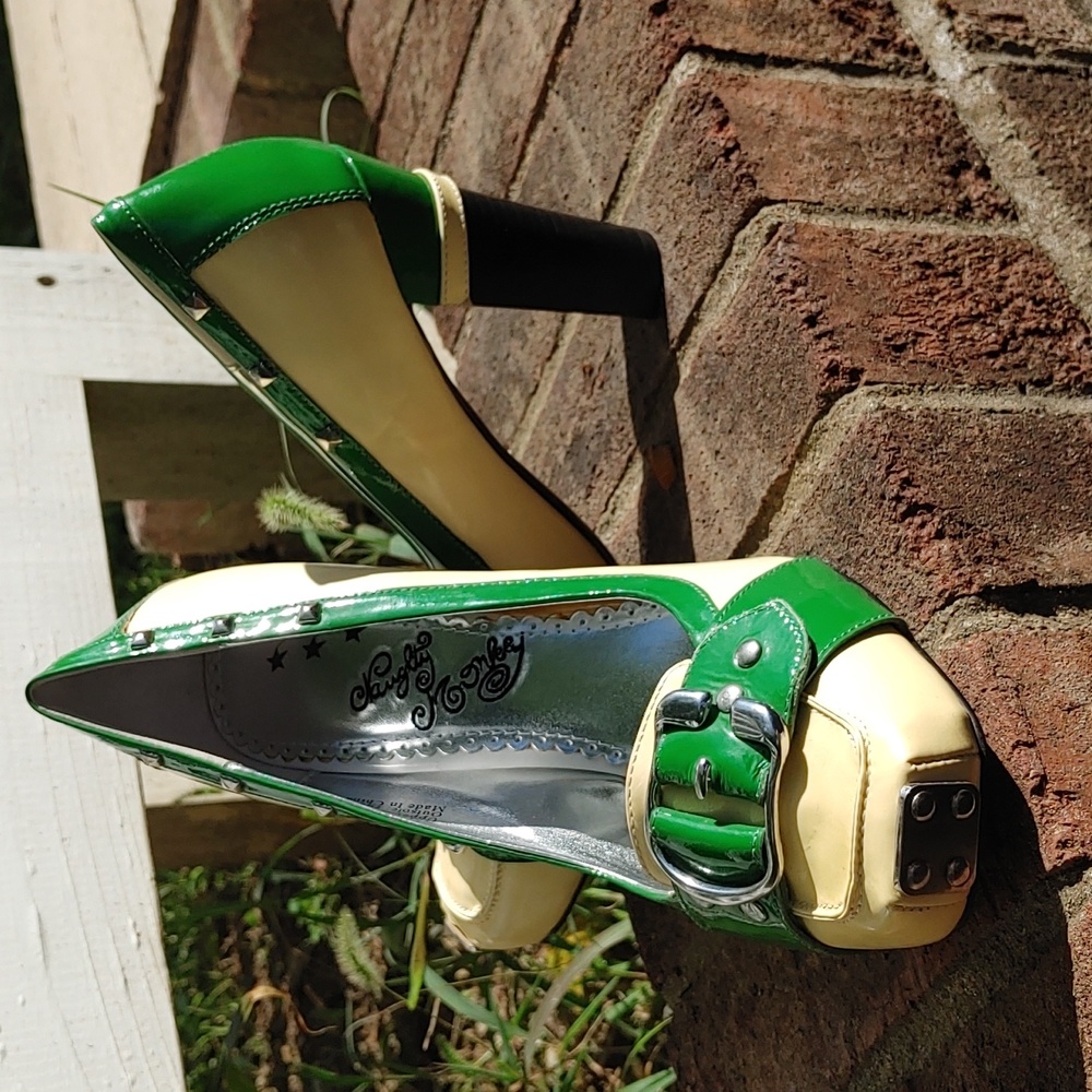 Naughty Monkey Green and Yellow  Patent Leather Heels Size 10 (1468)